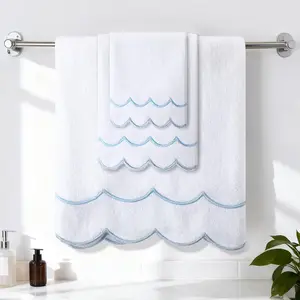 3 count Decorative Bathroom Towel Set   1 Bath 1 Hand and Wash Cloth Farmhouse Large Size 500 GSM Highly Absorbent Towel for Gym Hand Drying Shower  (Scalloped)