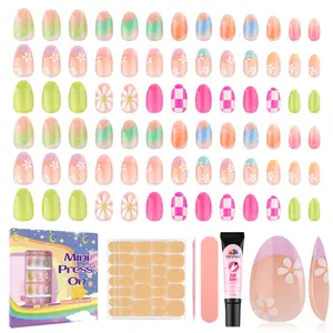 EBANKU Press on Nails Kit for Kids,Includes 156、144、130、78、24 Pieces Per Pack,Colorful Flower Almond Fake Nail Tips for Girls, Kid Fake Nail Kit for Girls 8-12 Years Old with Jelly Nail Adhesives Birthday Gifts Holiday Haul Diy/Mother's Day,summerwins