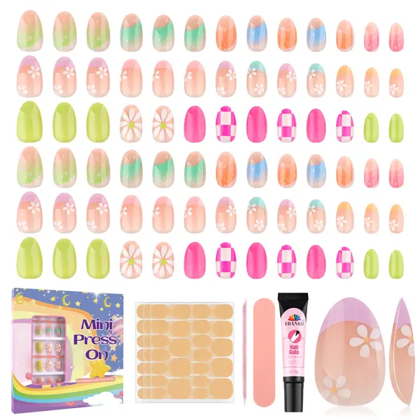 EBANKU Press on Nails Kit for Kids,Includes 156、144、130、78、24 Pieces Per Pack,Colorful Flower Almond Fake Nail Tips for Girls, Kid Fake Nail Kit for Girls 8-12 Years Old with Jelly Nail Adhesives Birthday Gifts Holiday Haul Diy/Mother's Day,summerwins