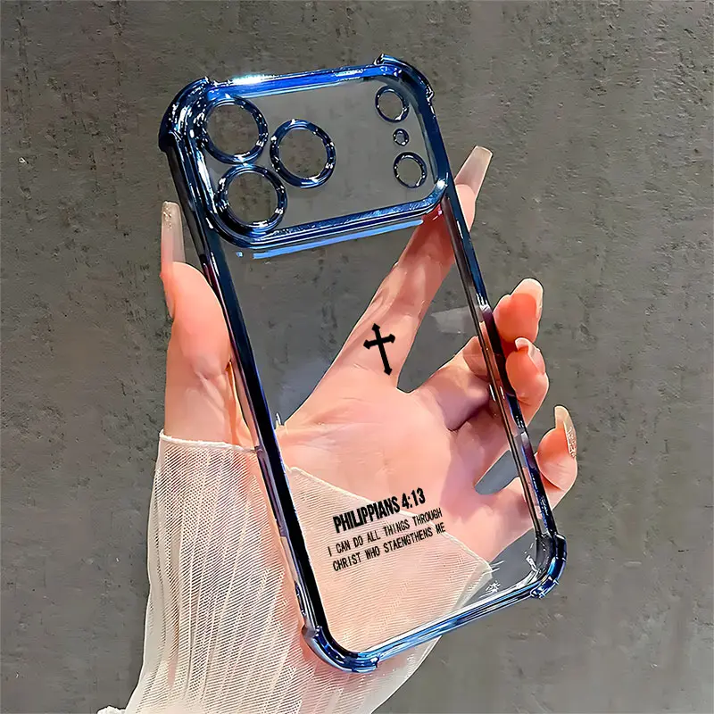 Christ Bible Verse Philippians 413 Four Corner Airbag Anti-Collision Electroplated Soft&Flexible TPU Silicone Phone Case For iPhone 17 Pro Max AIR 16 15 14 13 12 11 Plus XSMAX Cases Durable|Shockproof|Full Camera Protection|Gift For Men Women summerwins