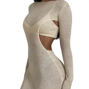 Cream Cut Out Dress Set + Knit + Two Piece Set