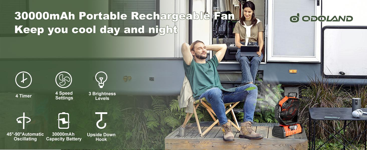 Odoland  Rechargeable Camping Fan with LED Light, Portable Multi-functional Fan with 270° swivel head,Portable Tent Fan with Timer, Oscillating Emergency Camping Fan Cordless Rotatable Battery Powered Lightweight