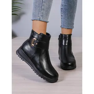 Women's Solid Color Zipper Side Boots, Casual Comfortable Warm Boots for Outdoor, Female All-match Trend Boots for Daily Wear
