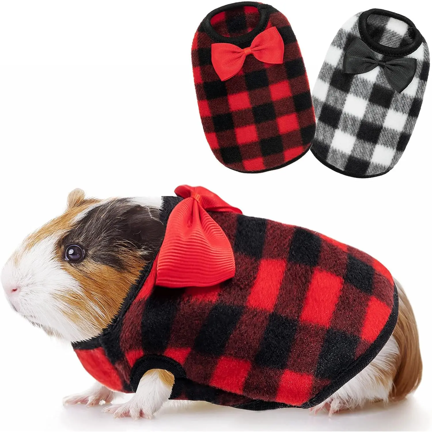 Christmas Plaid Warm Small Animal Clothes - Cute Bow Tie Pet Costume for Winter Fall, Fit for Guinea Pig, Rabbit, Ferret, Chinchilla, Kitten, Chihuahua, Mini Dog