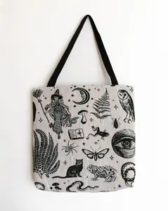 Witchy Tote Bag: Woven Tapestry Purse, Vintage Style, Whimsigoth Goth Gift, Unique Market Shopping, Whimsigoth Skull Owl Cat Eye, Nature
