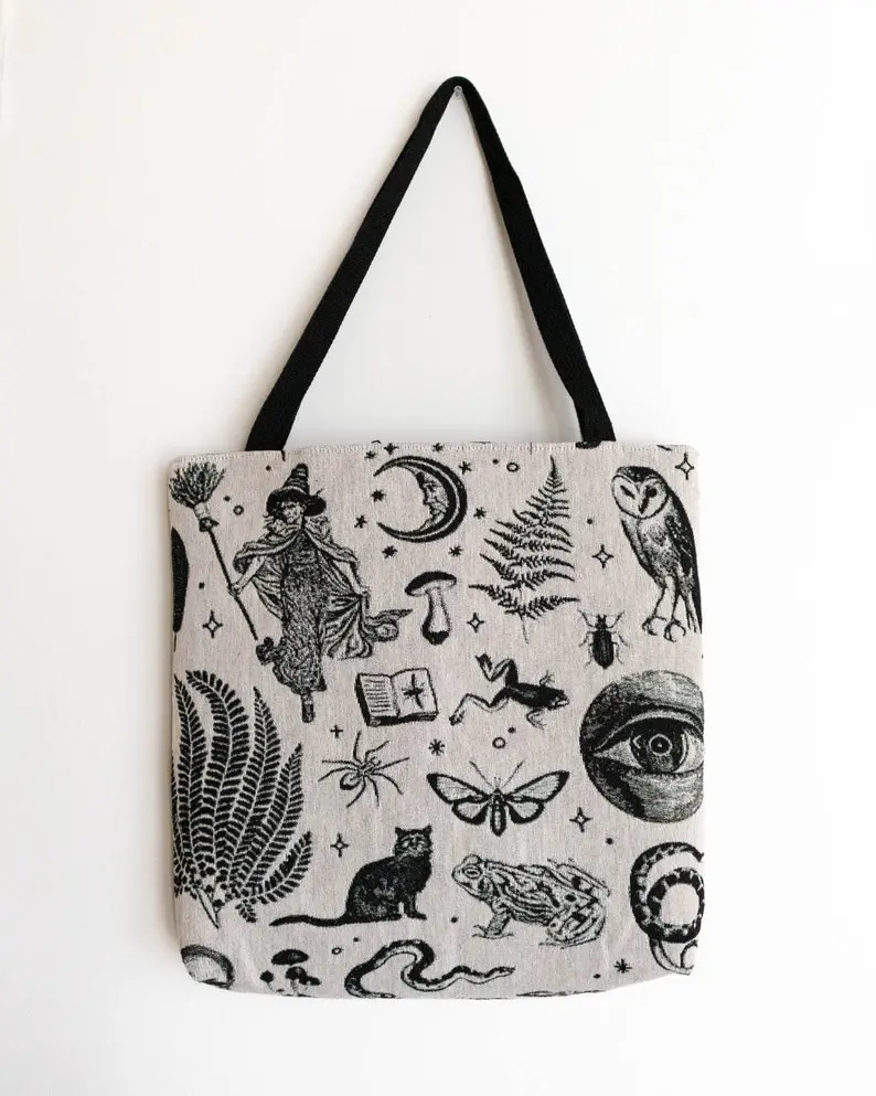 Witchy Tote Bag: Woven Tapestry Purse, Vintage Style, Whimsigoth Goth Gift, Unique Market Shopping, Whimsigoth Skull Owl Cat Eye, Nature