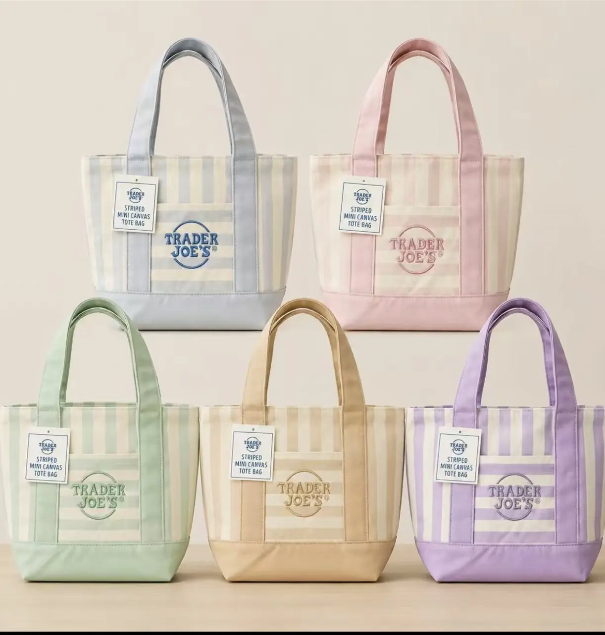 Mini Pastel Striped Canvas Tote Bag - Reusable Grocery Bag with Front Pocket, Lightweight Women's Tote for Lunch Travel