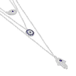 My Daily Styles 925 Sterling Silver CZ Layered Y Necklace with Hamsa, Evil Eye, and Round Eye Charms - Adjustable Chain