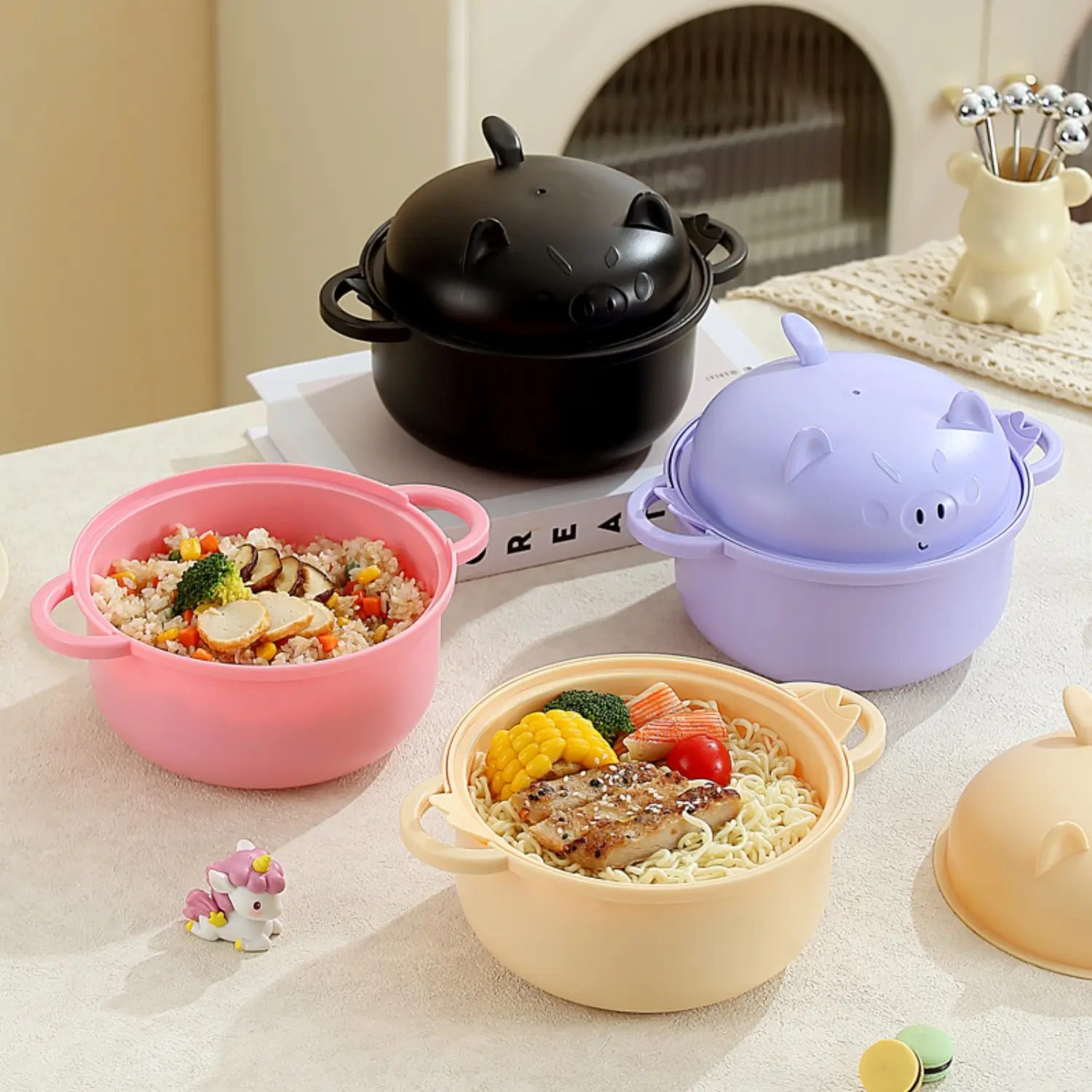 MIUVA Piglet Ramen Cooker 33oz Microwave Noodle Bowl Set with Chopsticks College Dorm Room Essentials for Girls and Boys Apartment Essentials