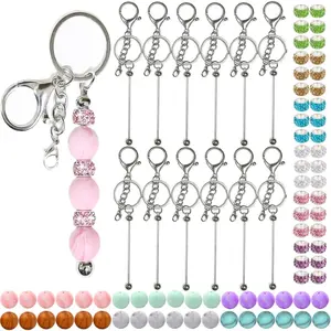 84 Packs Keychains Bulk for keychain making Accessories with Beadable Keychain Bar Silicone Beads Spacer Beads, Beadable Keychains Set