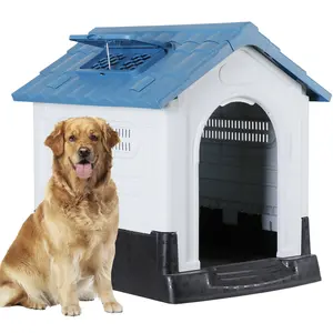 SuperDeal Pets 26" Plastic Dog House - Indoor/Outdoor Puppy Shelter with Adjustable Skylight - Blue Kennel