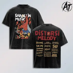Shaolin Music Distorsi Melody Shirt – Vintage Washed Punk Rock Graphic T Shirt, Heavy Metal Festival Double Sided Tee, Underground Band Streetwear Aesthetic, Oversized Heavyweight Cotton Unisex Top, Grunge Alternative Music Merch Gift for Men Women
