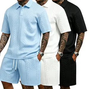 Men’s two-piece set: includes 2 textured drawstring-waist athletic shorts, a short-sleeve T-shirt, and casual shorts with pockets—a comfortable, versatile, trendy men’s outfit for spring and autumn.