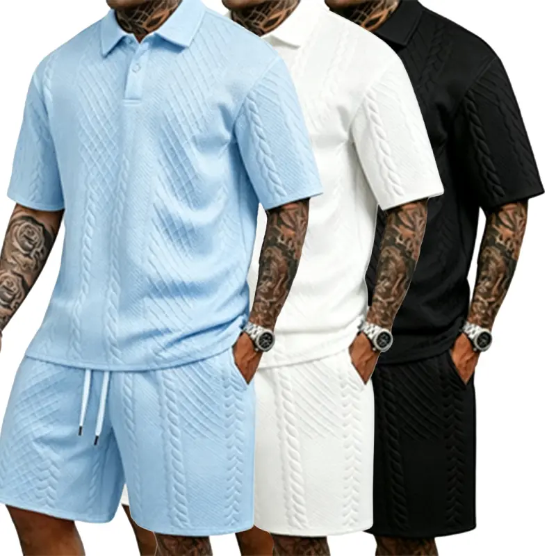 Men’s two-piece set: includes a textured drawstring-waist athletic top, short-sleeve T-shirt, and casual style with pockets; a comfortable, versatile, fashionable men’s outfit suitable for spring and autumn.