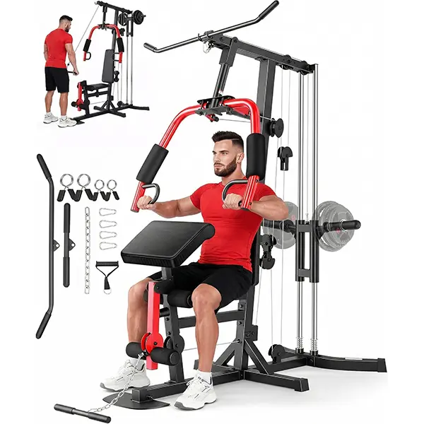 OPPSDECOR All-in-1 Steel Home Gym Machine - LAT Pulldown Cable Pulley Station with Anti-Roll Base, Dual Action Exercise Equipment, Home Workout Gear, Adjustable Weights & 2-in-1 Flexible Weight Storage (Red & Coal)