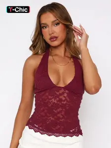 Women's Sexy Sheer Lace Halter Tank Top, Solid Color V Neck Ruffles Hem Sleeveless Backless Cami Camisole Top, Plain See Through Low Back Slim Fit Crop Tops Shirt For Ladies All Seasons Summer Fashion Clothes Wear