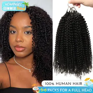WOWANGEL Afro Kinky Curly Feather Crochet Human Hair Extensions Curly Miracle Knots Pre-Separated Feather Knotless Invisiable With String Real Human Hair Deep Curly 5Pack Lightweight & Reusable For Women Easy Braiding Natural Black  #SummerVibes