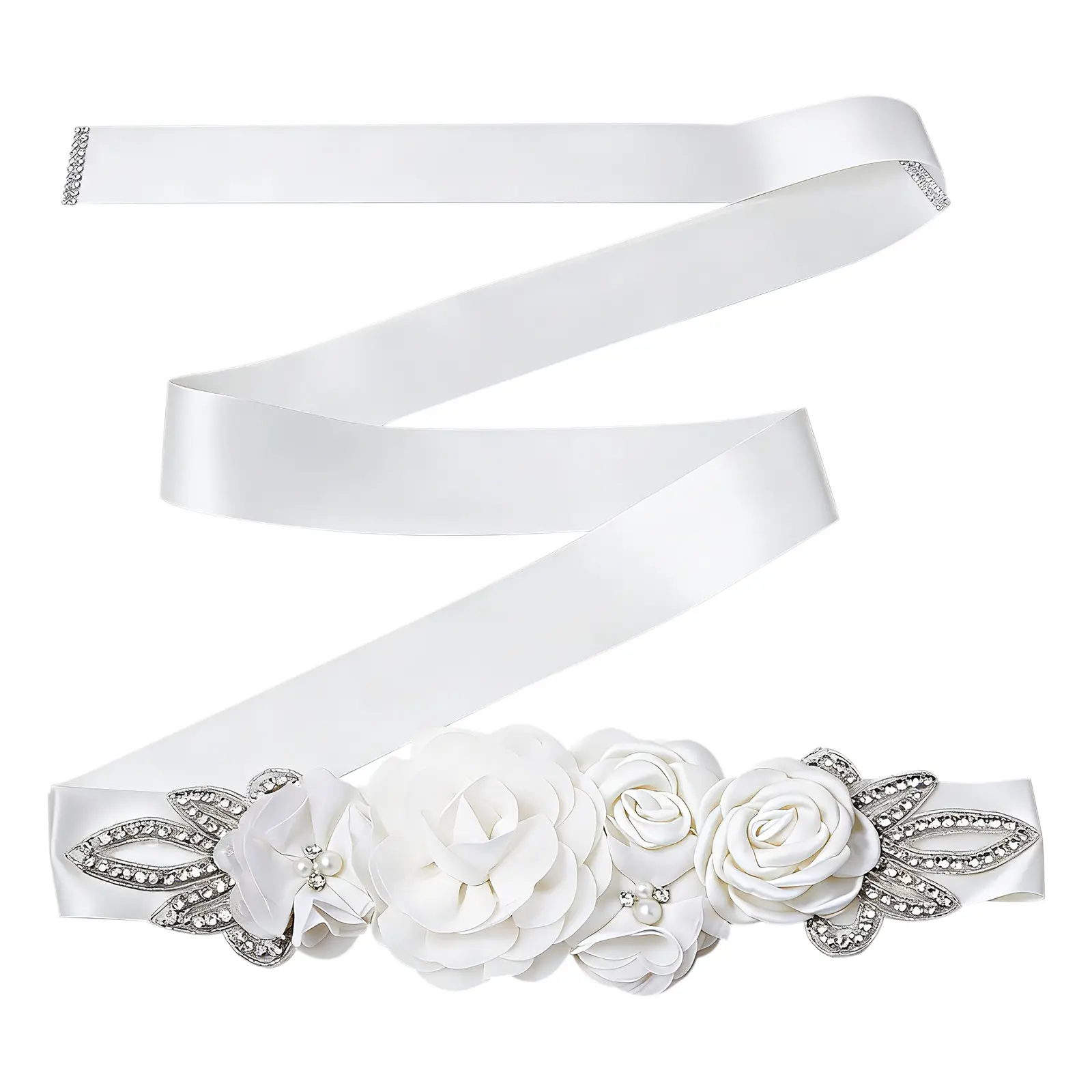 OIDEA Romantic Bridal Belts, Handmade Satin Sash with Floral Appliques & Sparkling Rhinestone Accents for Wedding, Prom & Bridesmaid Dresses, Rhinestones, Tie Belt, Bow, Adjustable Length, High Sheen Satin, Rhinestone Studded Belt, Waistband Belt