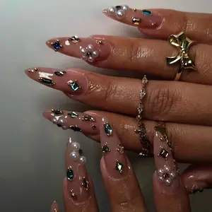 SHEDARES Starlit Glam – Luxury Nude Press-On Nails with Pearls, Crystals & Golden Details  – Perfect for Glam Nights & Holiday Parties