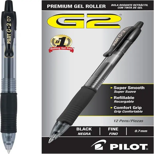 Premium Gel Roller Pens, Fine Point 0.7 mm, Black, Pack of 12