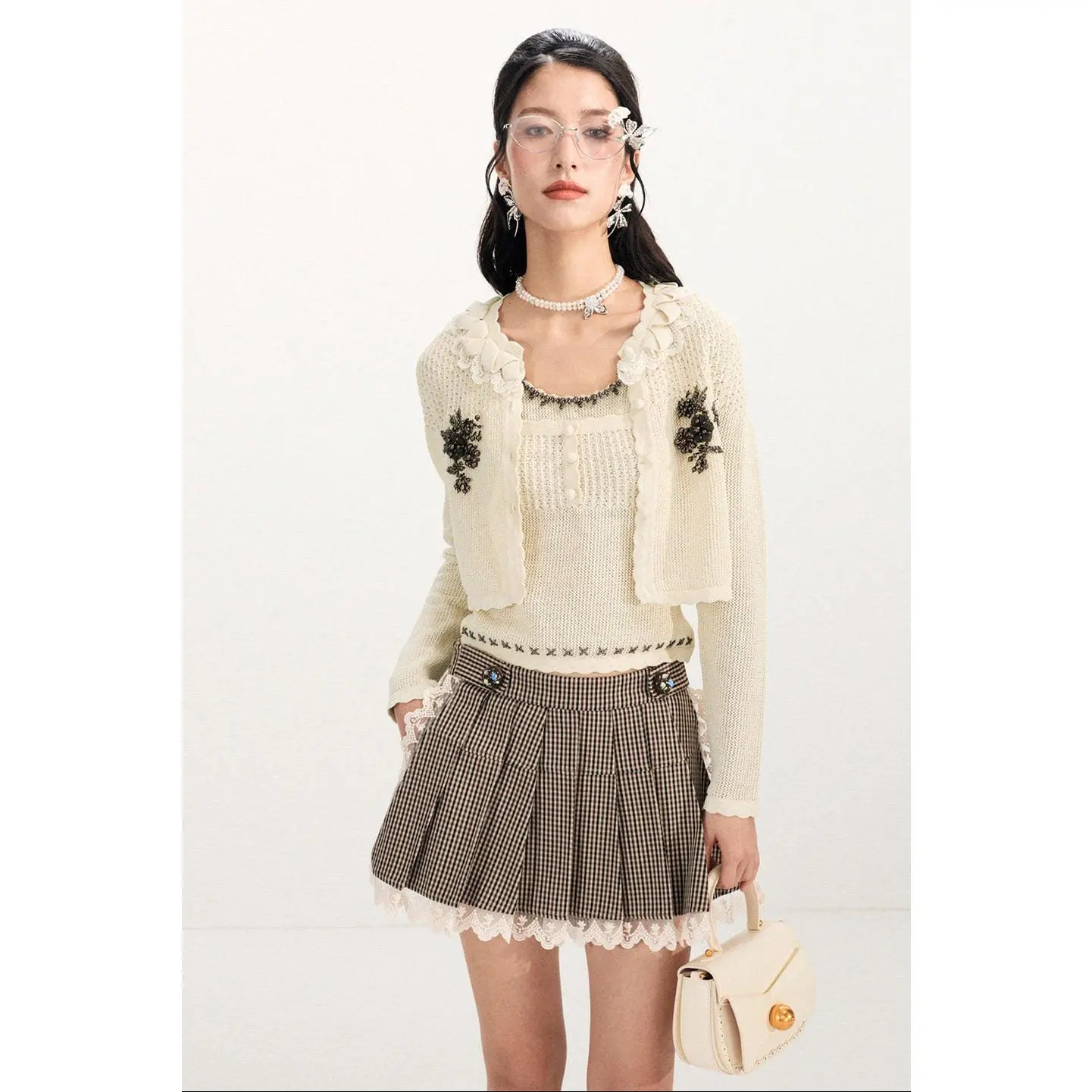 FAME three-dimensional flower beaded two-piece knitted cardigan top - HELEN.