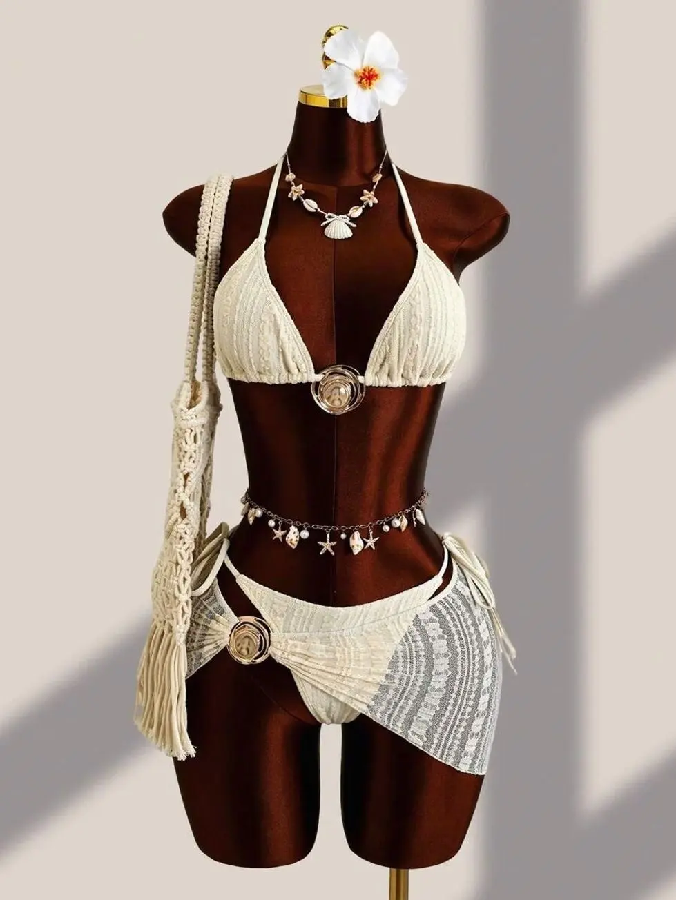 Women's 3-Piece Retro Print Bikini Set, Includes Mesh Mini Skirt and Bandage Pants for Beach