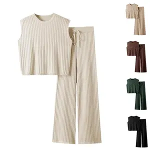 Women’s two-piece sports set, knitted sleeveless pullover, high-waisted pants, casual tracksuit