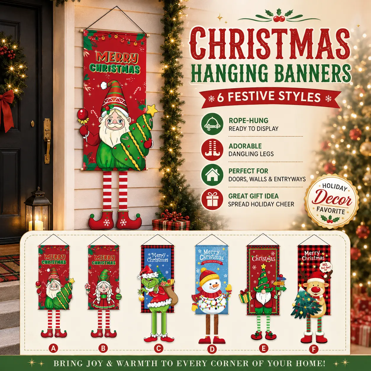 Christmas Hanging Banner Decor, Merry Christmas Wall Tapestry Background, Cute Santa Snowman Reindeer Tree Printed Party Decorations, Holiday Home Decor Supplies for Indoor Fireplace Mantel Window Celebration