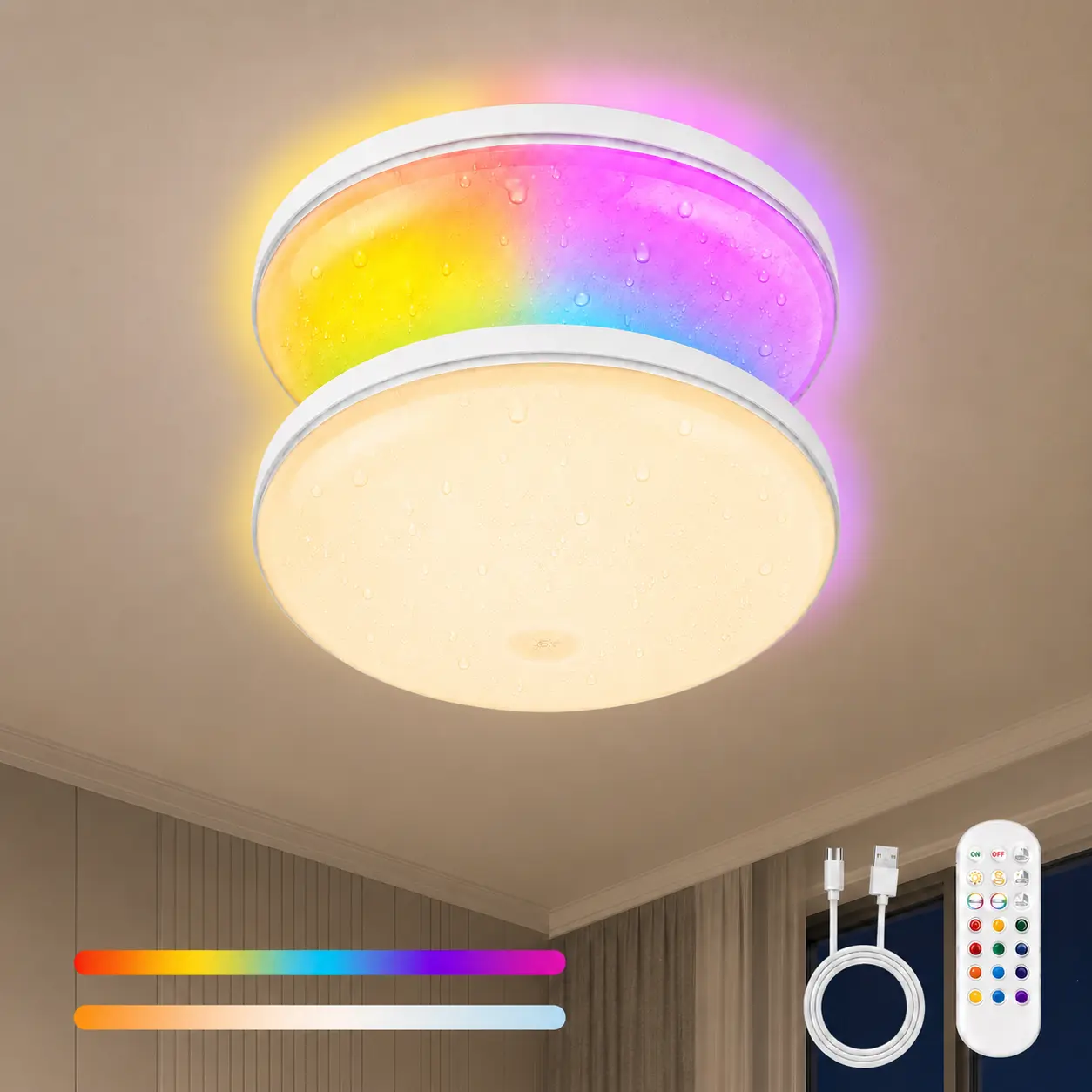 2-Pack RGB Magnetic Ceiling Light,Rechargeable IP66 Waterproof Wireless Battery-Operated LED Ceiling Lights with Remote Control for Shower, Bathroom, Closet, Pantry, Hallway, Porch, Garage, Home Lighting, Interior Led Lights