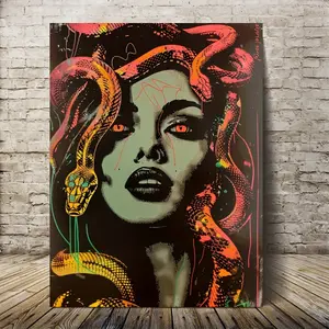 2D Flat Printing, Wooden Frame Artwork. Medusa Greek Mythology Wall - Vibrant Canvas Sculpture, Measures 11.8X 15.7inch , Unique Minimalist Home Decor, Suitable for Bedroom, Living Room, or Office, Greek Mythology Decoration