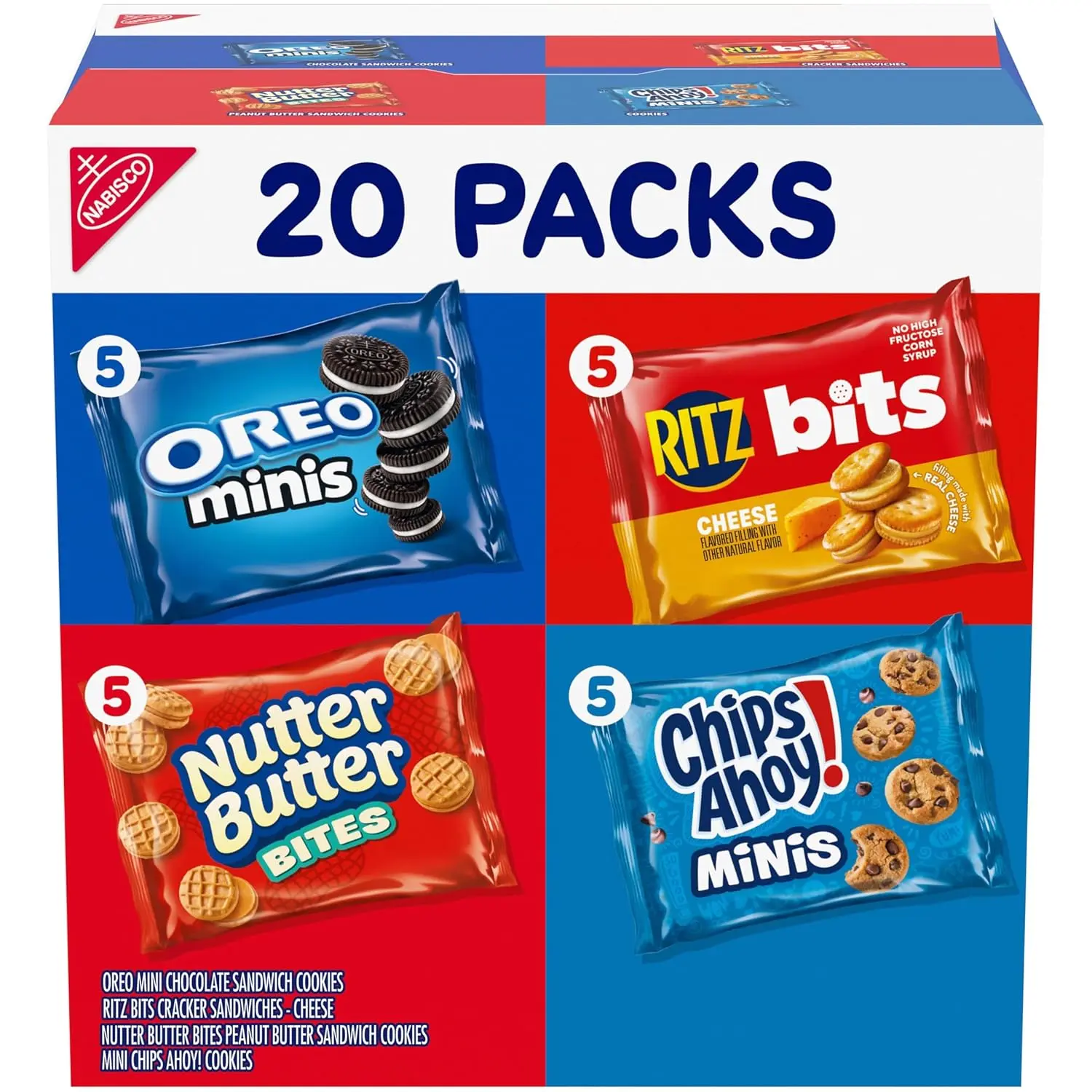Nabisco Snacks Variety Pack, 4 Flavors, Cookies & Crackers, 20 Snack Packs | OREO Minis, NUTTER BUTTER Bites, CHIPS AHOY! Minis Cookies, and RITZ Bits Cheese Sandwich Crackers, Individually Wrapped