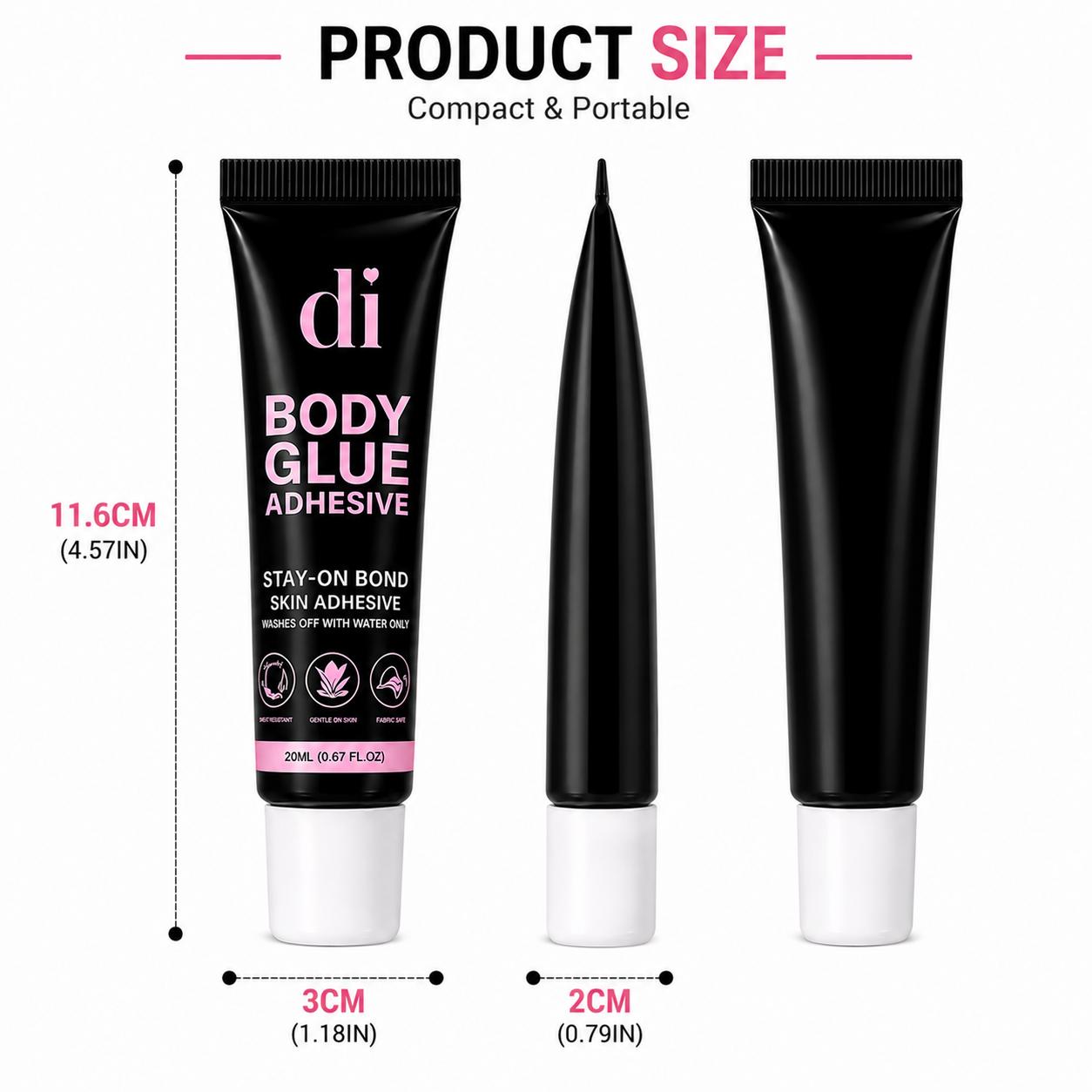 Body Glue Skin Adhesive - Invisible Waterproof Strong Hold for Strapless Dresses & Festival Wear - Sweat Resistant with Easy Removal, Compact & Portable 20ml, Aqua, Glycerin, Diglycol Crosspolymer, Fashion Emergencies, Skin-Friendly Formula, Lightweight,,