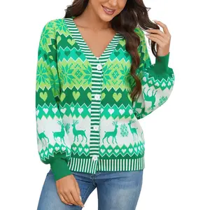 Women Christmas Sweater Cardigans with Reindeer Snowflakes Pattern Button Down Christmas Ugly Sweater Cardigan V Neck 2025 Xmas Cardigan,Green - S