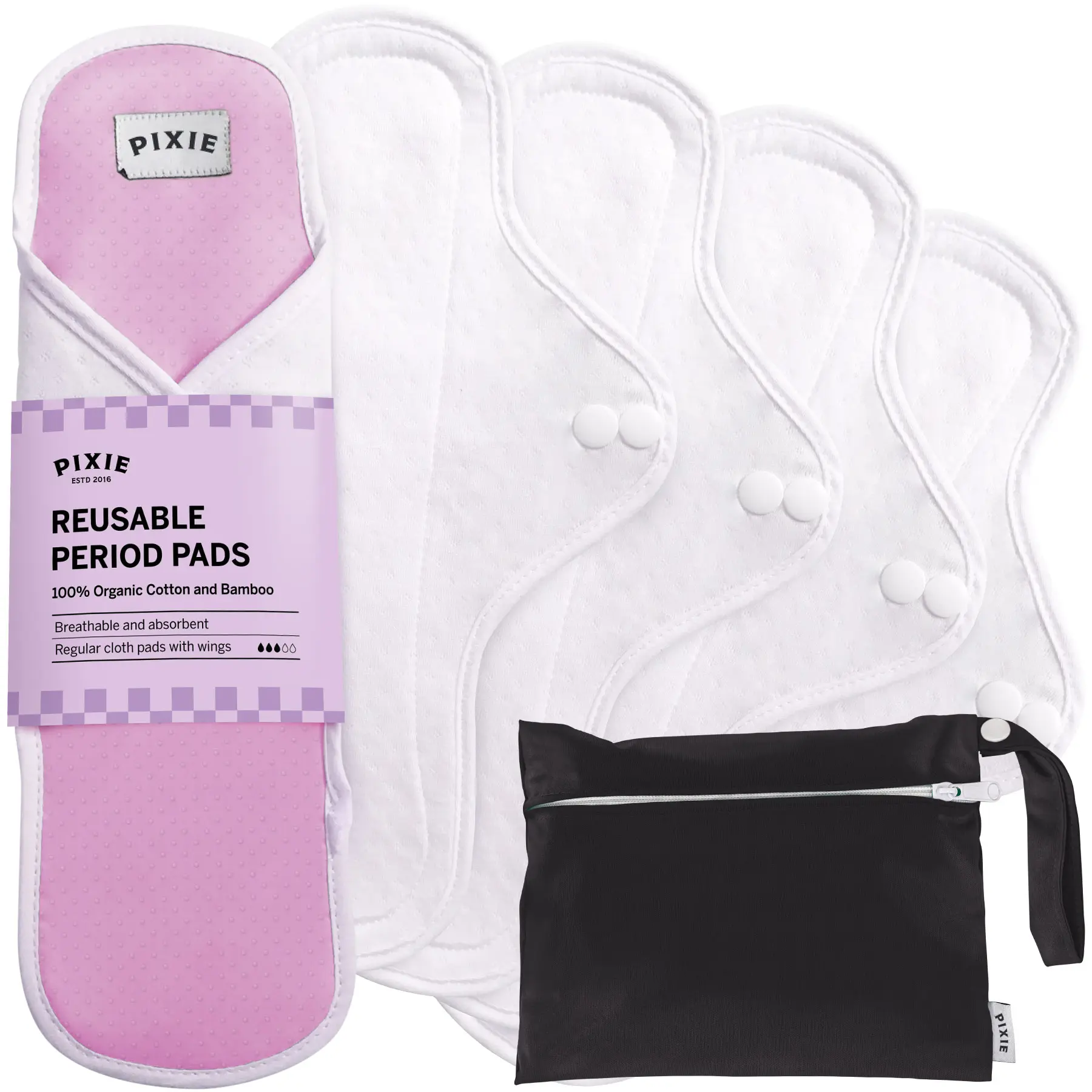 Pixie Cotton Cloth Pads for Feminine Care - 100% Organic Reusable Pads - Ranked 1 for Softest Menstrual Sanitary Napkins - Machine Washable & Includes Free Wet Bag - Menstrual Liner (Regular)