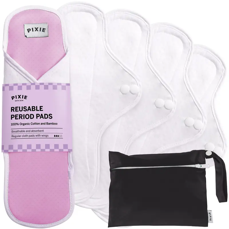 Pixie Cotton Cloth Pads for Feminine Care - 100% Organic Reusable Pads - Ranked 1 for Softest Menstrual Sanitary Napkins - Machine Washable & Includes Free Wet Bag - Menstrual Liner (Regular)