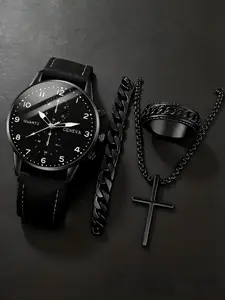 Men's Fashion Quartz Watch, with Necklace, Ring & Bracelet, PU Band Business Style Watch set, Jewelry Watch Set, Trendy Watch Set, Fashionable Watch Set As Gift for All Occasions
