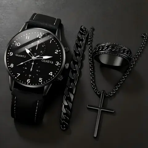 Men's Fashion Quartz Watch, with Necklace, Ring & Bracelet, PU Band Business Style Watch set, Jewelry Watch Set, Trendy Watch Set, Fashionable Watch Set As Gift for All Occasions