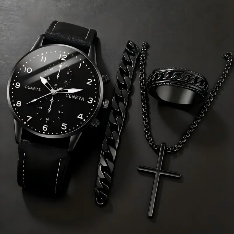 Men's Fashion Quartz Watch, with Necklace, Ring & Bracelet, PU Band Business Style Watch set, Jewelry Watch Set, Trendy Watch Set, Fashionable Watch Set As Gift for All Occasions