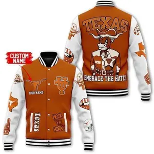 Texas Longhorns Varsity Baseball Jacket, College Sports Fan Bomber Outerwear, Unisex Streetwear, Game Day Style Campus Apparel