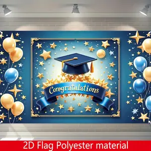 Polyester Blue Golden Graduation Banner, 1pc 2D Flat 180cm×110cm/70.8in×43.3in, Indoor-Outdoor Multifunctional Graduation Party Decorations, Home Supplies Festive Event Backdrop Banner, Party Decorations Banners