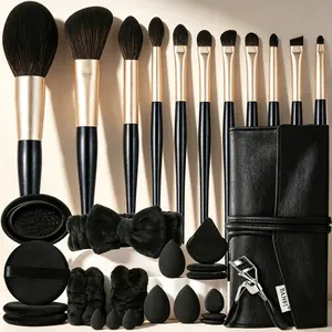Makeup Brush Set Face Eye Detail Brushes All‑In‑One Beauty Kit With Black PU Leather Roll‑Up Brush Pouch Black Beauty Sponges Powder Puffs Plush Bow Hair Accessories Eyelash Curler Silicone Brush Cleaning Bowl Makeup Tools For Beginners Daily Travel