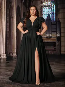 Plus Size Black Chiffon Bridesmaid Evening Gown | Deep V Neck Ruffle Sleeve High Slit Floor Length Formal Wedding Party Maxi Dress