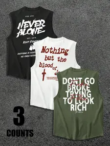 3-Pack Inspirational & Faith Graphic Fitted Muscle Tanks | Streetwear Casual Sleeveless Tops Set