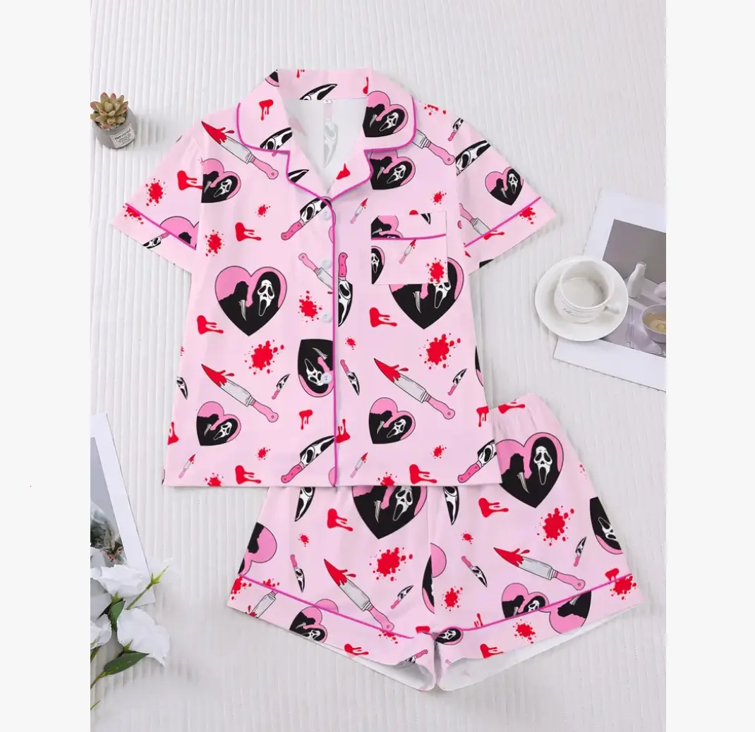 [Youth & Adult] Bundle Halloween Premium Satin Pajama Short and Long Set for Women and Kids, Horror Movie Character Satin Sleepwear, Casual Loungewear, Halloween Gift for Her, Halloween Party Outfit