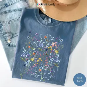 Comfort Colors Vintage Pressed Flowers T-Shirt, Boho Cottagecore T-shirt, Botanical Floral Tee, Wildflowers Tee, Gift For Gardener, Trendy Summer Tee - Printfamily