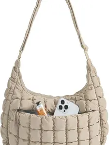 Women's Puff Shoulder Bag, Quilted Plush Nylon Crossbody Bag, Zip Pocket Large Capacity, High-Profile Commute Travel Tote