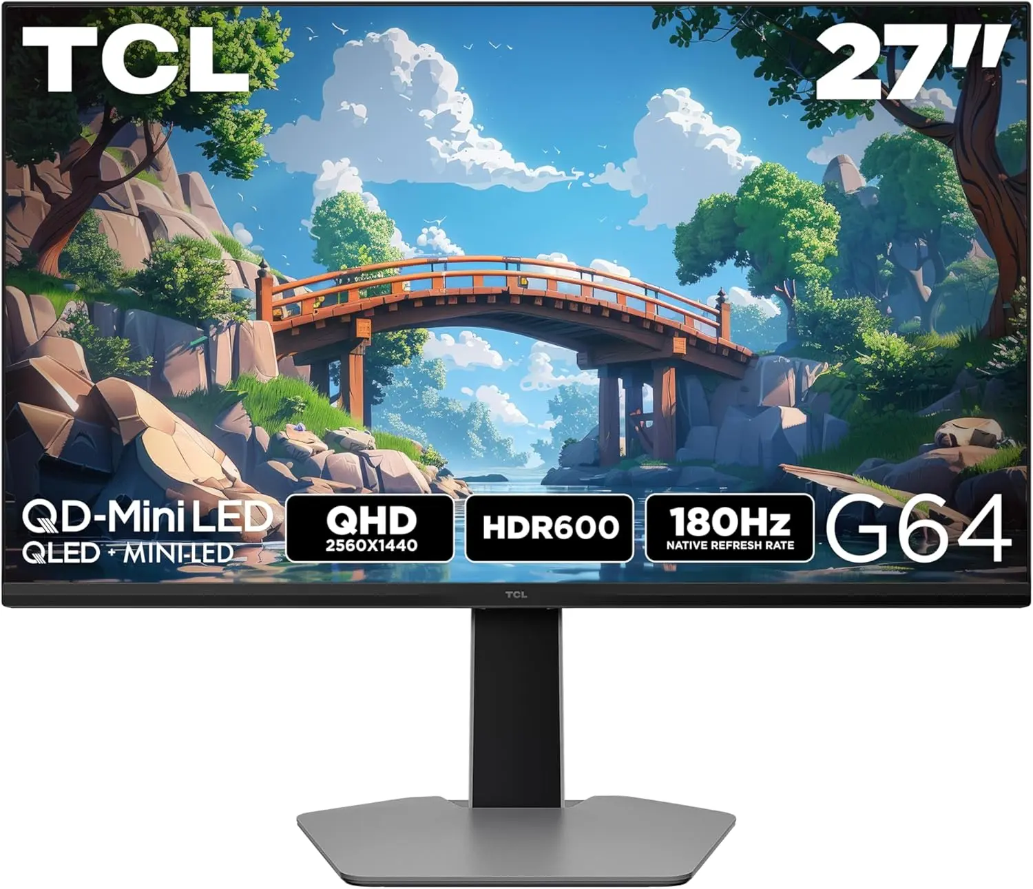 TCL 27" G64 Monitor(Black & Gray)  Multi-Color QD-Mini LED Gaming Monitor | QHD 2K/4K UHD | 165Hz/180Hz | 1ms GTG | HDR600/HDR1400 | AMD FreeSync/Premium | Built-in Stereo Speakers | Fully Adjustable Stand | Matte Panel