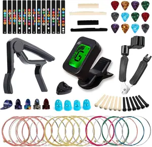 60PCS Acoustic Guitar Accessories Kit Including Guitar Strings, Tuner, Capo, 3-in-1 Restring Tool, Pick Holder, Bridge Pins, Nuts & Saddles, Finger Protector, Finger Picks, Fretboard Stickers