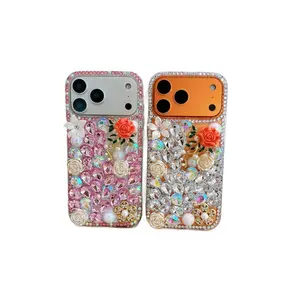 Suitable for Apple 14 Pro phone case, red rose rhinestone iPhone 17 Pro luxury full-cover 15 three-dimensional protective case