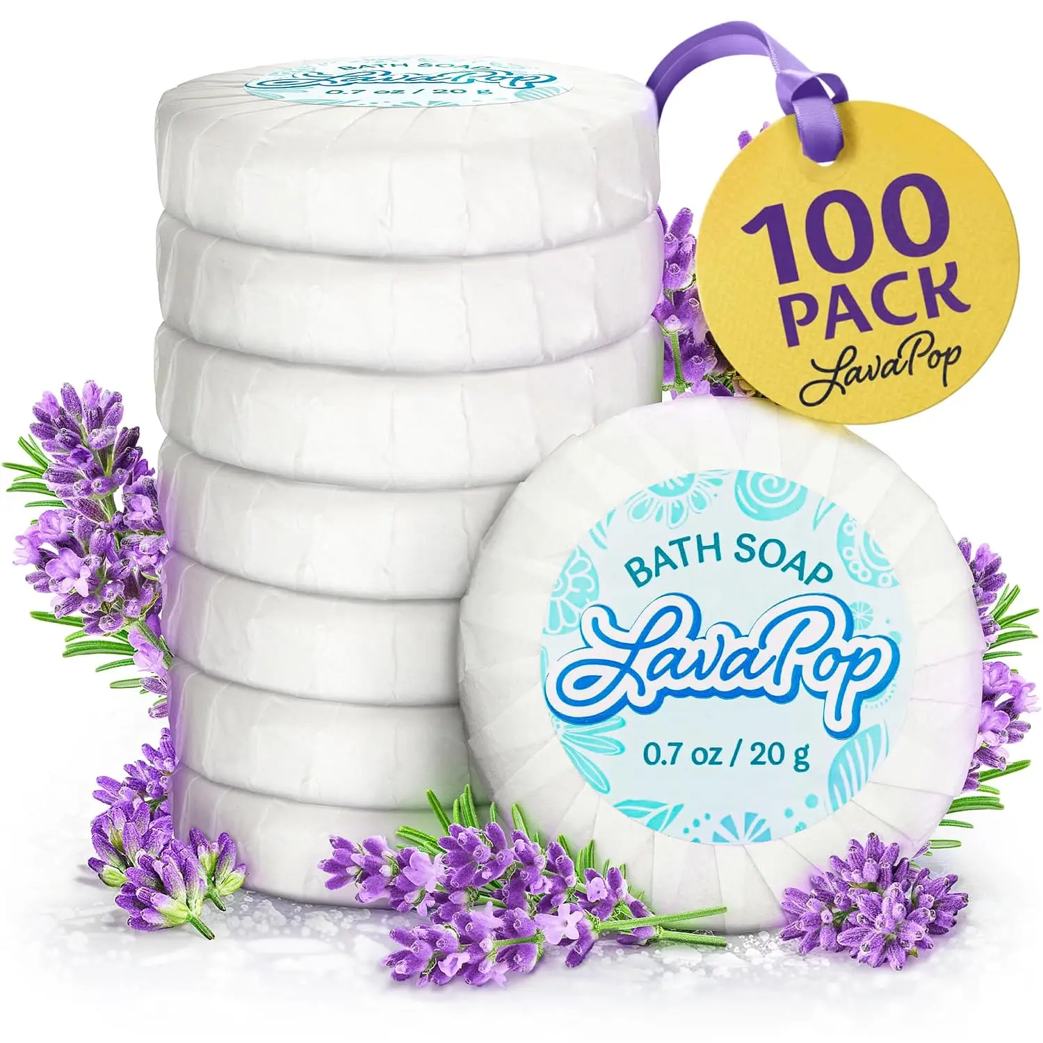 100-Pack Luxury Glycerin Travel Soap Bars, 0.7 oz Individually Wrapped Round Body Cleanser, Iris-Violet-Amber Scented, Vegan-Cruelty Free, No Harsh Additives, Sets Out Fresh for Hotel Use, Soothing Bath & Body Care, Round Bar